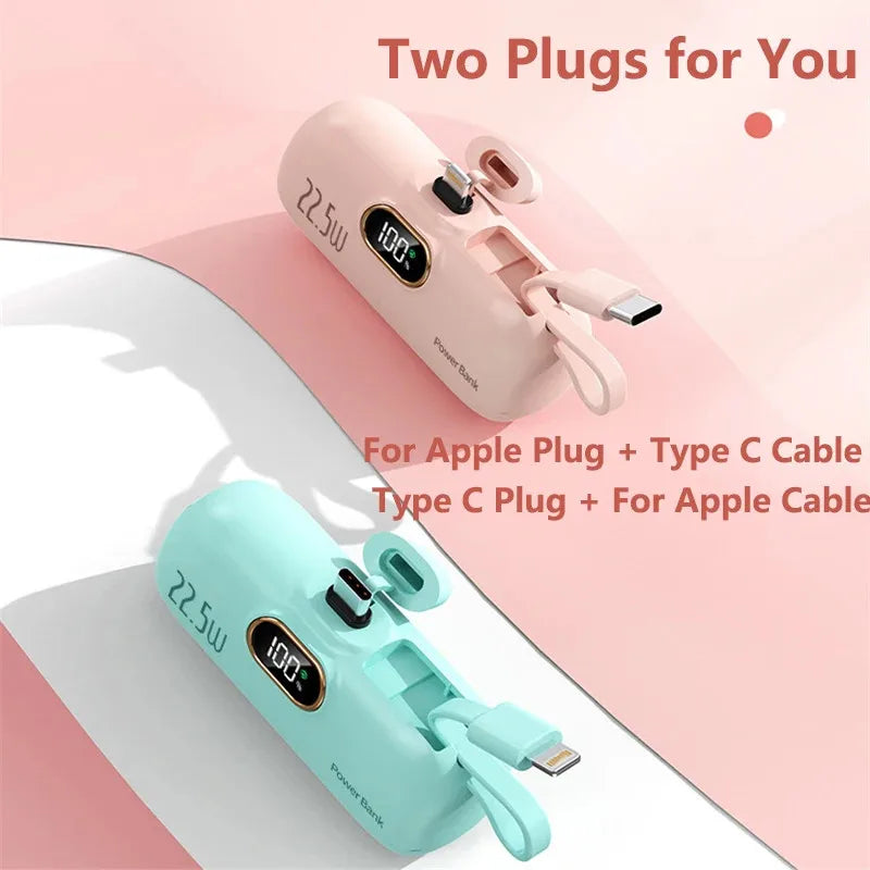 Portable Mini Power Bank Type C Plug Built in Cable 22.5W Fast Charging for iPhone Samsung Xiaomi External Battery