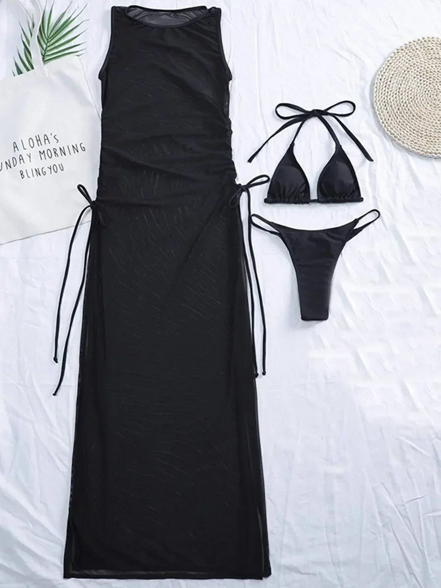 3 Pieces Thong Bikini 2023 Women With Dress String Swimwear Female Solid Swimsuit Beach Wear Bathing Swimming Suit Summer - KIMLUD
