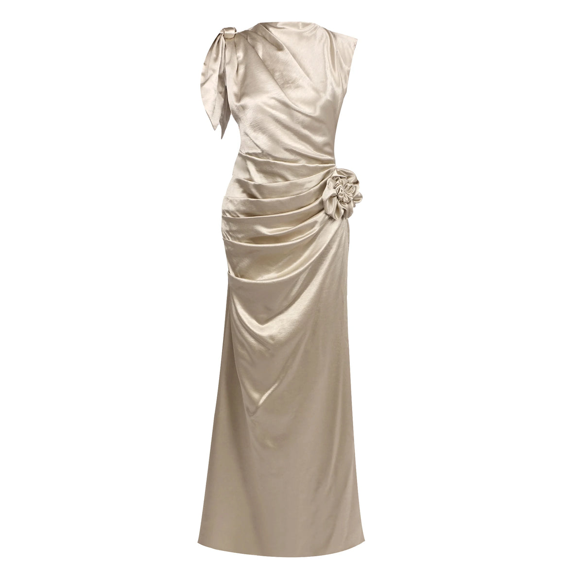 Evening Dress – One Shoulder Draped Ruched – Satin – Champagne | KIMLUD