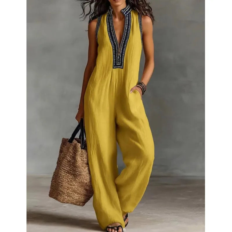 Polyester Printed Jumpsuit — Black | KIMLUD