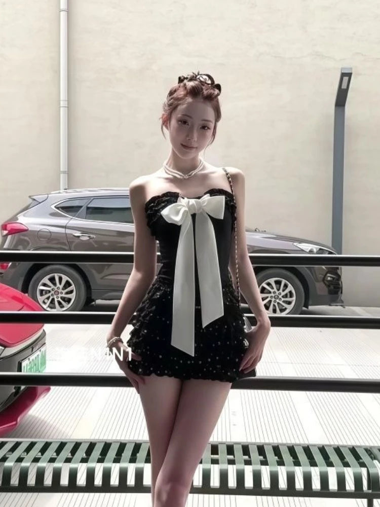 Two-Piece Set – Strapless Top And Mini Skirt – Bow Detail | KIMLUD