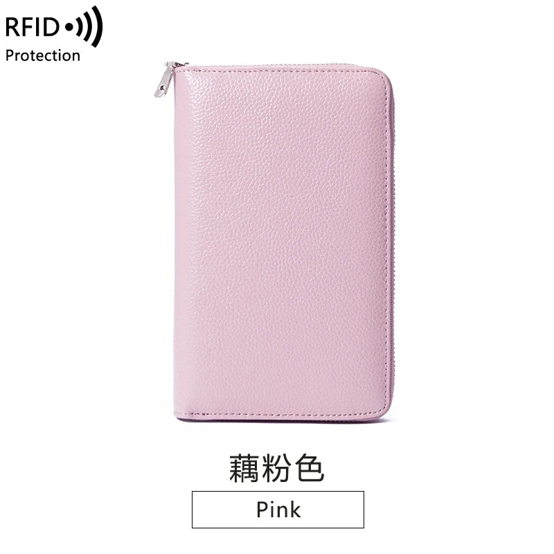 RFID Anti-Theft Cowhide Leather Wallet — Long Passbook Card Slots Black | KIMLUD