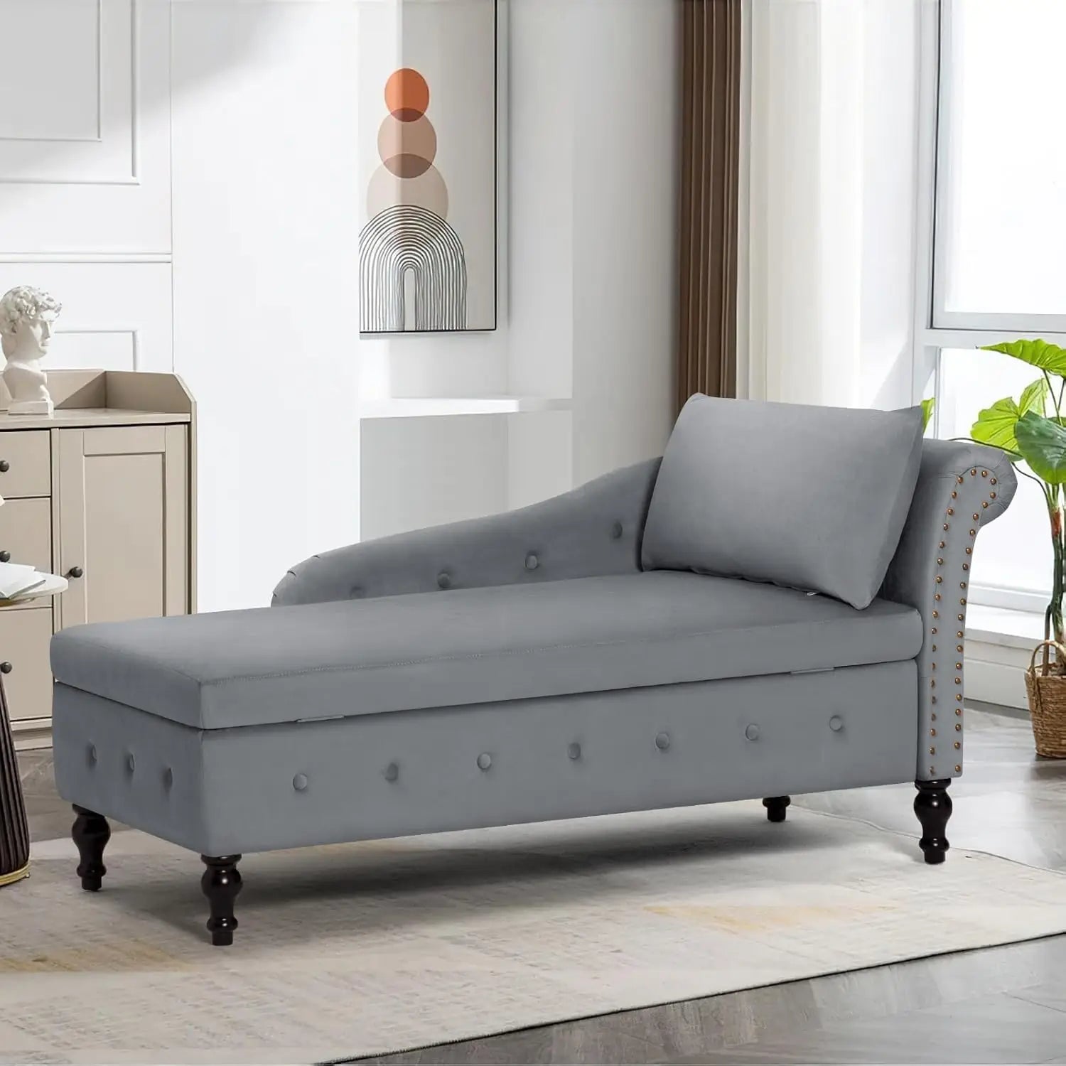 Velvet Chaise Lounge with Left Armrest & Storage Space,Button Tufted Lounge Chair w/Lumbar Pillow,Modern Upholstered Lounge Chai