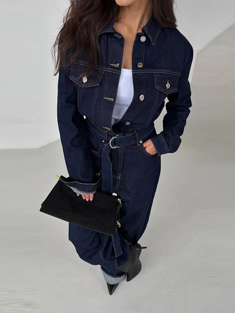 Denim-Inspired Jumpsuit Turn-Down Collar Lace-Up Full Sleeve Wide-Leg — Brown | KIMLUD