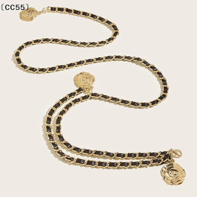 Metal Waist Chain Belt With Circular Flower Pendant And Fine Chain Strap — Gold | KIMLUD