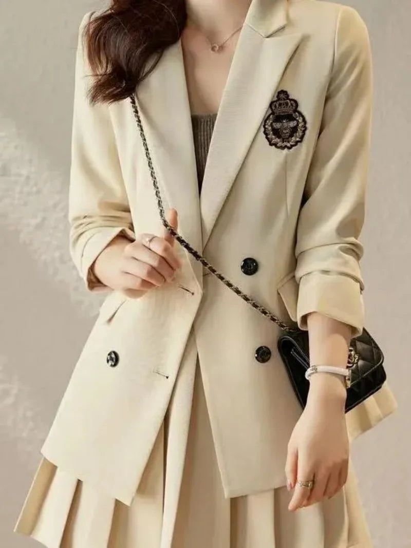 KIMLUD, Korean Preppy Suit Women Fashion Embroidered Badge Double Breasted Jacket+High Waisted Pleated Mini Skirt Elegant Party Set 131F, KIMLUD Womens Clothes