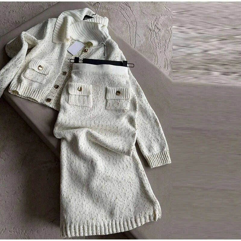 Fashion Knitted Long Skirts Sets Women Lapel Full Sleeve Single Breasted Sweater Hip Package Slim Skirt 2026 Spring Lady Outfits