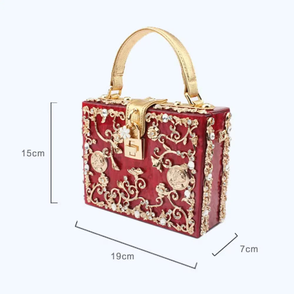 Acrylic Box Clutch Rhinestone Embroidery Champagne-Gold Double-Row Detailing — Ivory | KIMLUD