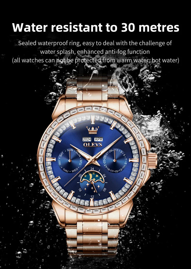 Moon Phase Automatic Rose-Gold Tone Stainless Steel Watch — Cobalt Blue | KIMLUD
