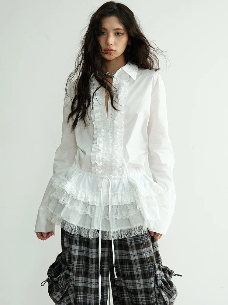 Blouse – Lace Ruffles – Jersey – White | KIMLUD