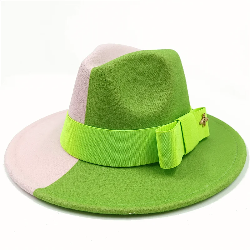 Wholesale Fedora hats Winter round concave convex surface flat top bow elastic ribbon men&#39;s and women&#39;s felt jazz hats Fedora - KIMLUD