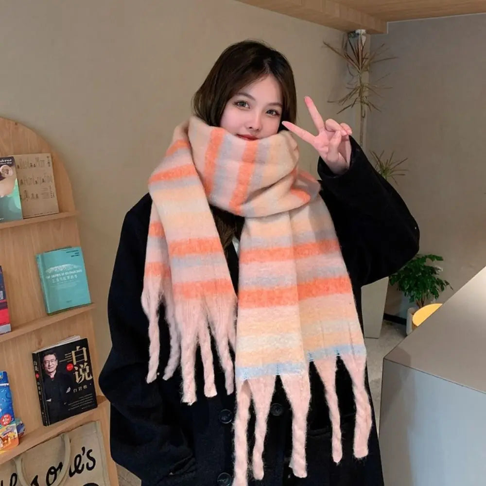 Cashmere Mohair Stripe Pattern Scarf With Tassels — Beige | KIMLUD