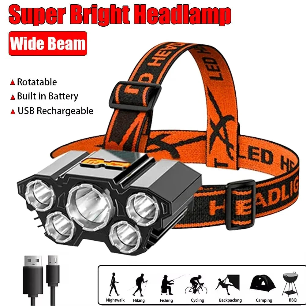 5 LED Headlamp Rechargeable with Built in 18650 Battery Strong Light Headlight Camping Adventure Fishing Head Light Flashlight