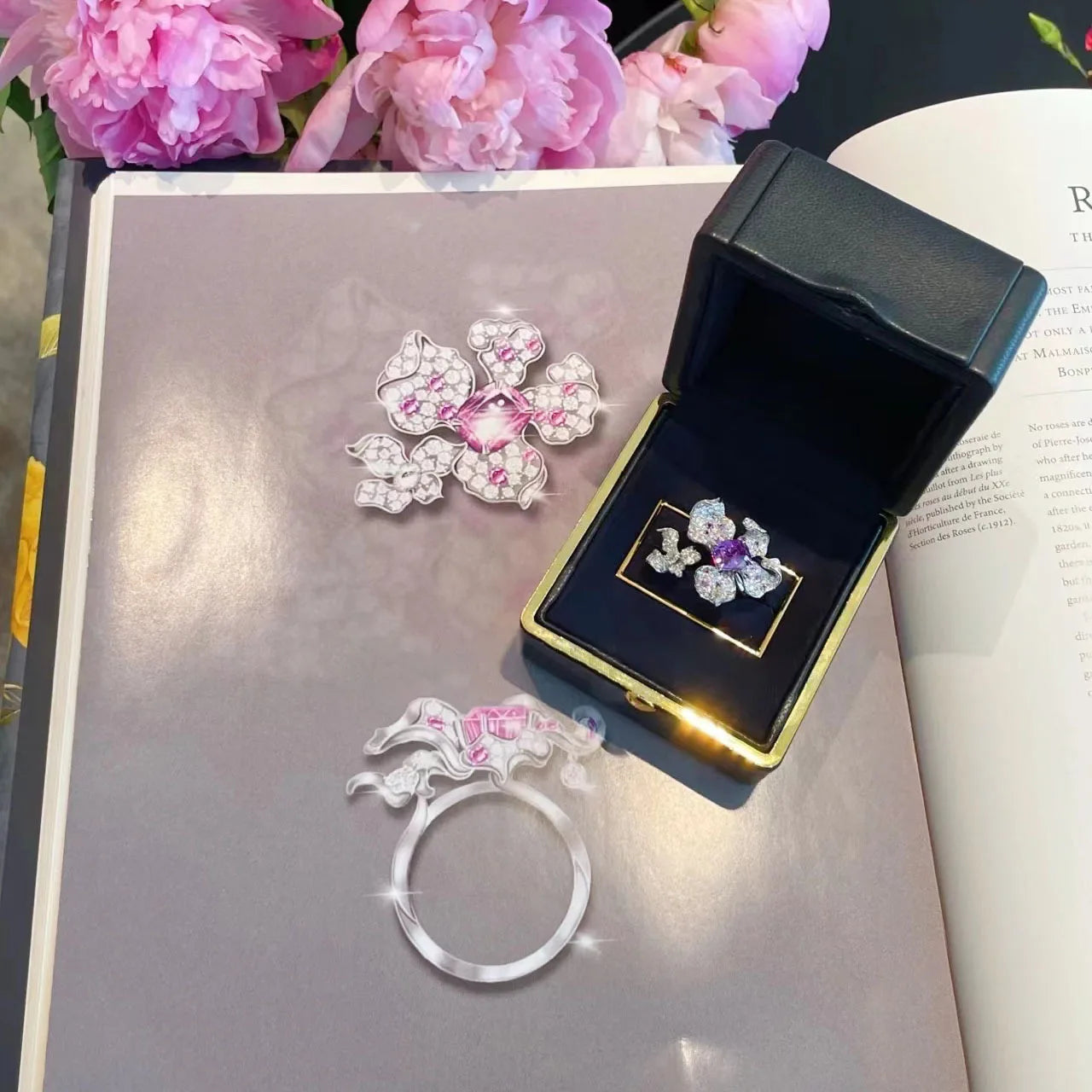 Sterling Silver Ring Amethyst Zircon Flower Open — White | KIMLUD