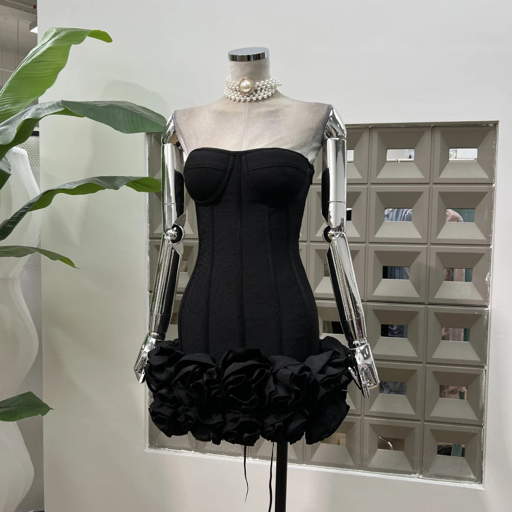 Sexy Strapless Bodycon Dresses for Women 3D Floral Fashion Party Evening Club Bandage Dress Formal Elegant Slim Birthday Gowns