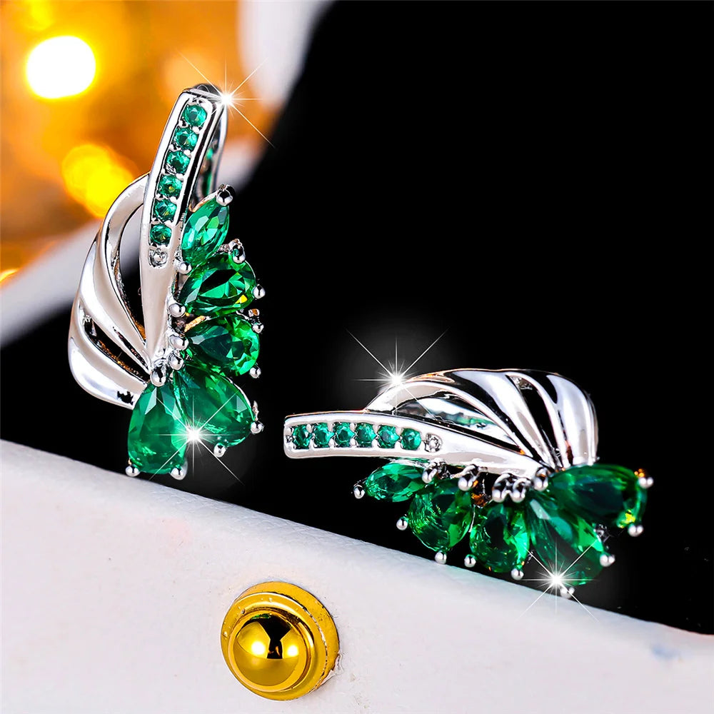 Gold Color Clip Earrings Water Drop Zircon — Blue Green | KIMLUD