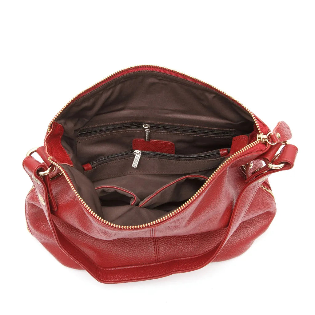 Genuine Leather Hobo Bag With Ring Accent — Red | KIMLUD