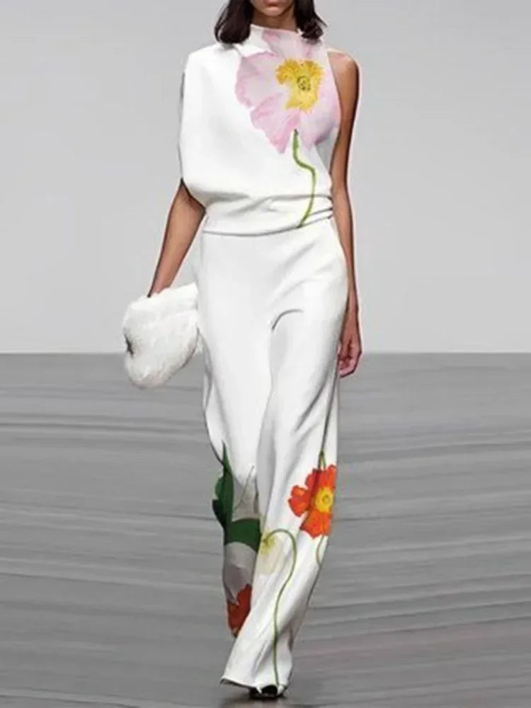Krisstarsgirls 2025 Women Elegant Floral Printed Suits Sleeveless High Neck Vest Tops & High Waisted Loose Woman Leg Pants Sets