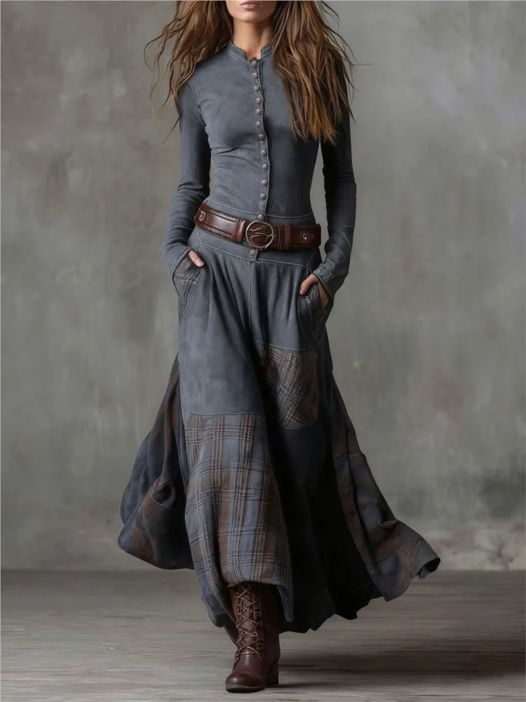 Suede Plaid Dress A-Line Long Sleeve Belted With Retro Pockets — Midnight Navy | KIMLUD