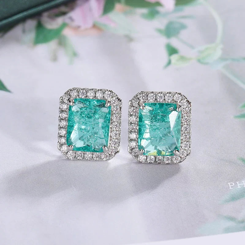 Sterling Silver Geometric Stud Earrings AAAA Zircon — Green | KIMLUD