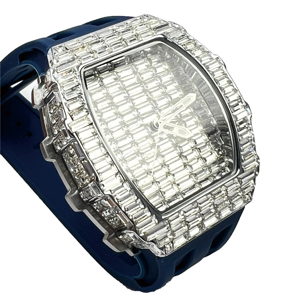 Luxury Brand Men Watch Fashion Unique Tonneau Watches Diamond Blingbling Dial Waterproof Rubber Band Wristwatch Hot Sale Gift