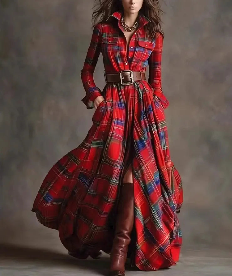 Polyester A-Line Dress Plaid Belted Retro Long Sleeve Turn-Down Collar — Black | KIMLUD
