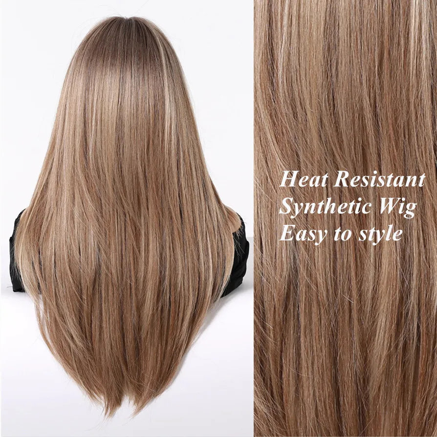 ALAN EATON Chestnut Brown Synthetic Wig with Bangs Long Straight Wig Natural Layered Hair Smooth Soft Daily Wig Heat Resistant