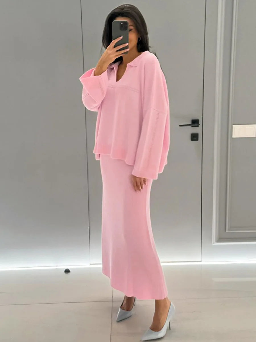 DEAT Fashion Women's 2 Pcs Set V-neck Loose Fit Long Sleeves Sweater High Waist Ankle-length Skirt Suit Autumn 2024 New 7AB4889 - KIMLUD