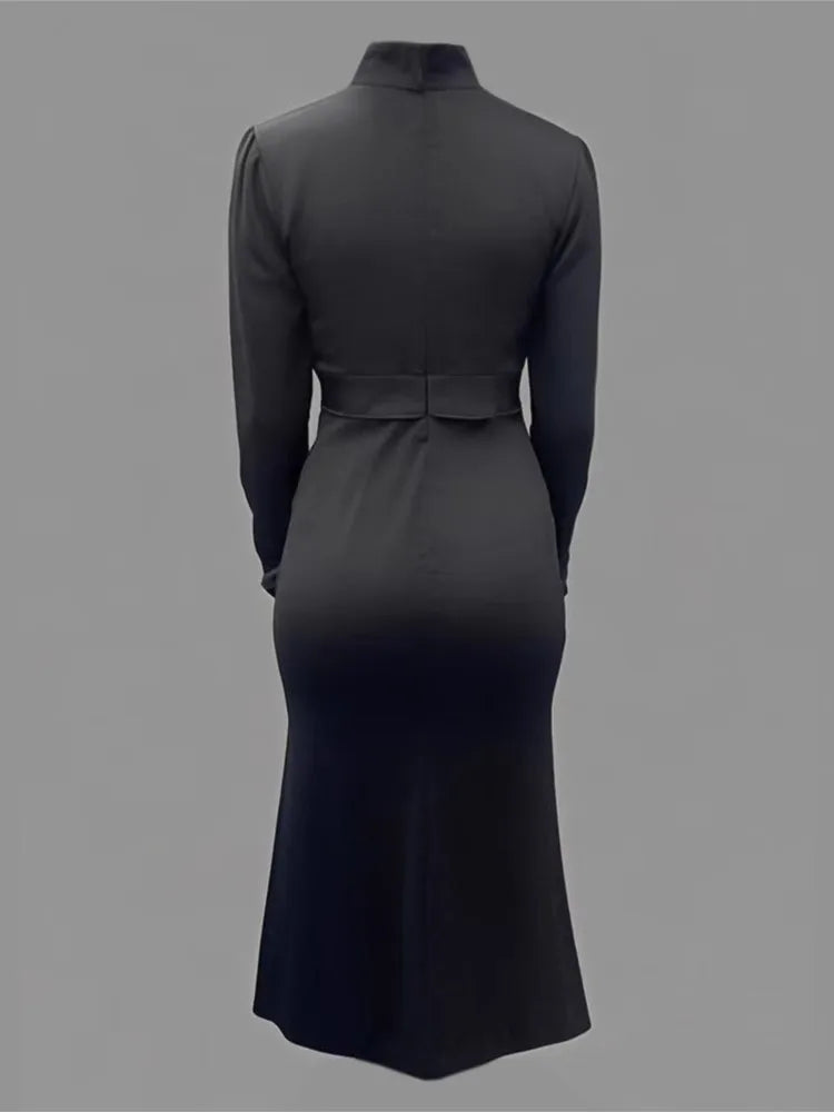 Evening Dress – Bow Tie Buttoned Long Sleeve – Polyester Slim Black | KIMLUD