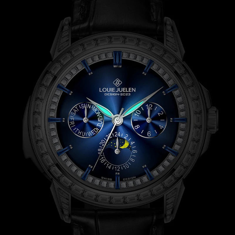 Automatic Moon Phase Watch Leather Strap Diamond Bezel Week Calendar — Blue | KIMLUD