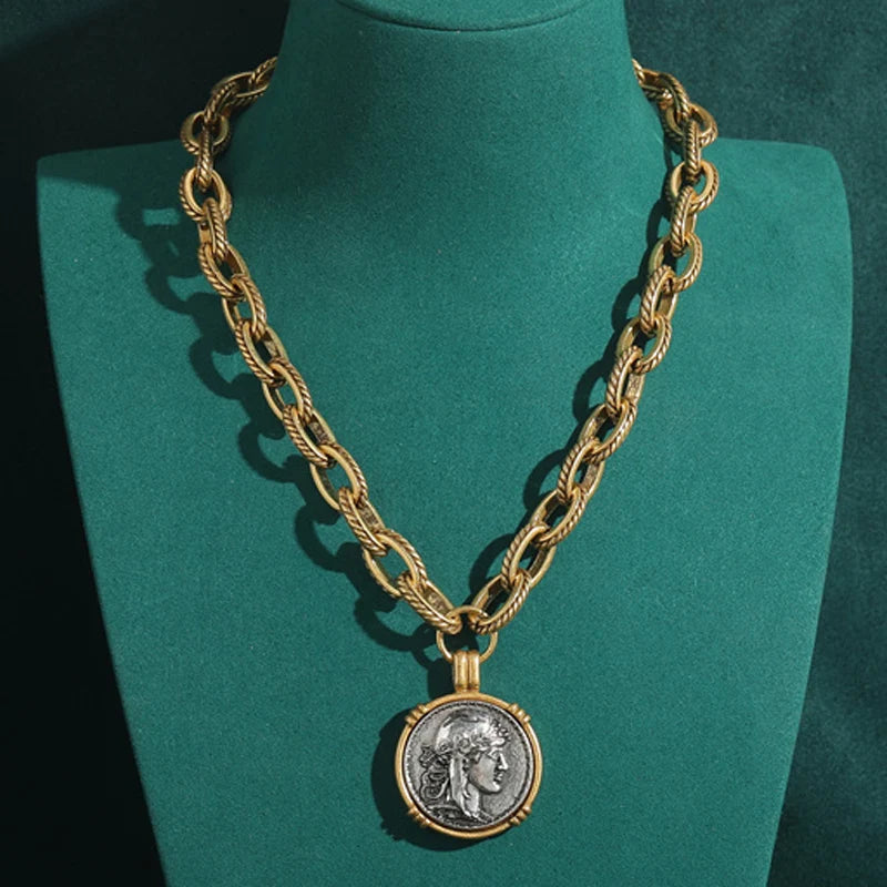Gold Vintage Carved Coin Choker Necklace — Gold | KIMLUD