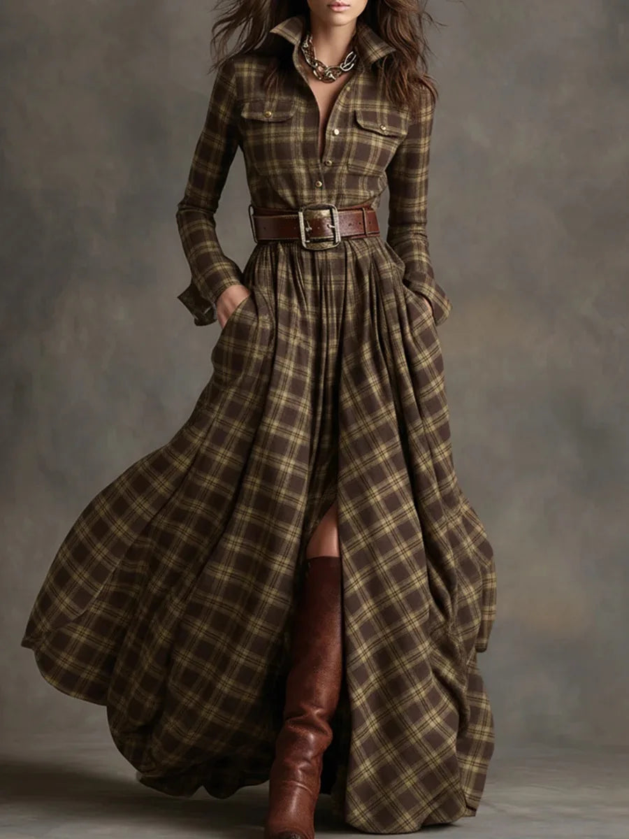 Polyester A-Line Dress Plaid Belted Retro Long Sleeve Turn-Down Collar — Black | KIMLUD