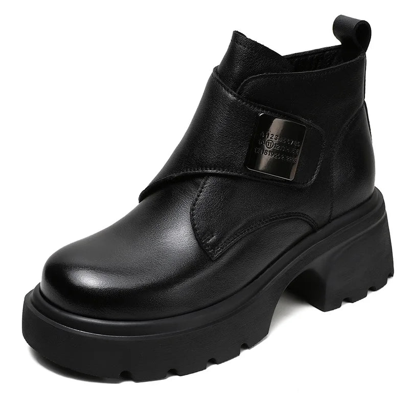 DRKANOL Wide Head Design Women Platform Boots Autumn Winter Warm Thick High Heel Hool And Loop Metal Genuine Leather Ankle Boots