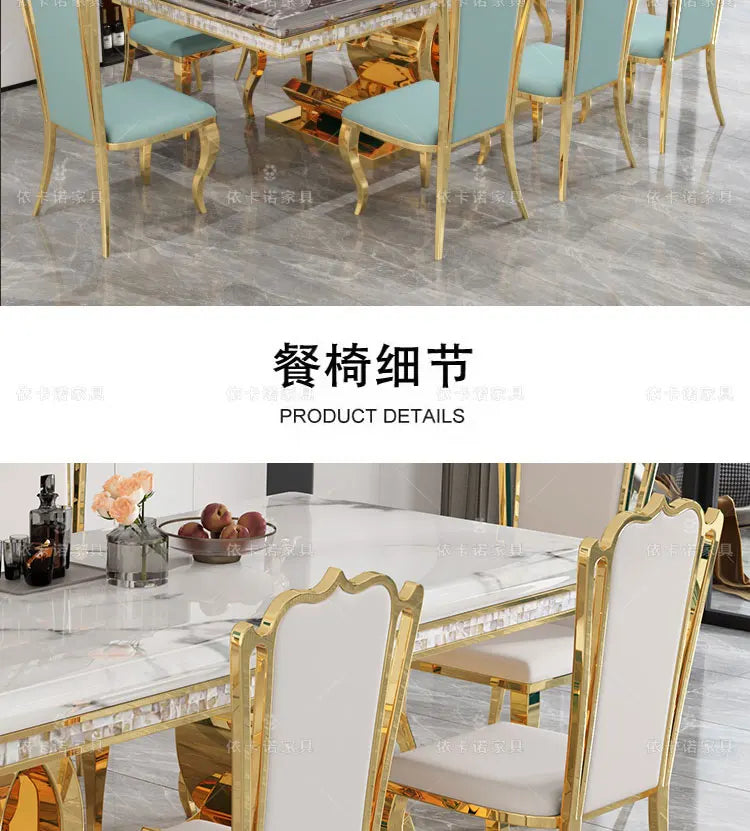 Marble Dining Table Set With Gold-Tone Frame — White | KIMLUD
