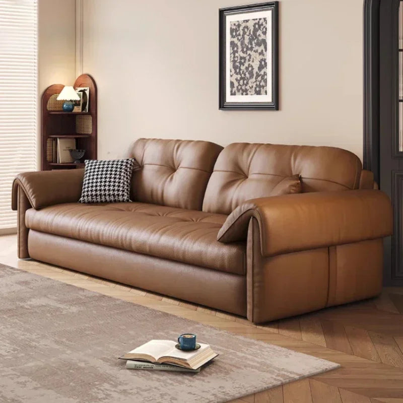Faux Leather Sofa Bed Italian Modern Silhouette With Convertible Chaise Lounge — Brown | KIMLUD