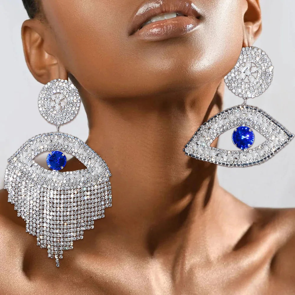 Exaggerated Eye Earrings Rhinestone Tassel — Blue | KIMLUD