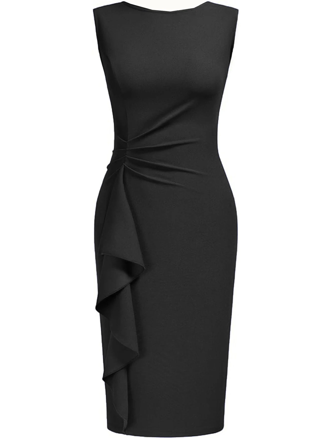 Women Elegant Crew Neck Sleeveless Retro Slim Work Office Cocktail Party Business Ruffle Casual Sheath Bodycon Pencil Dress