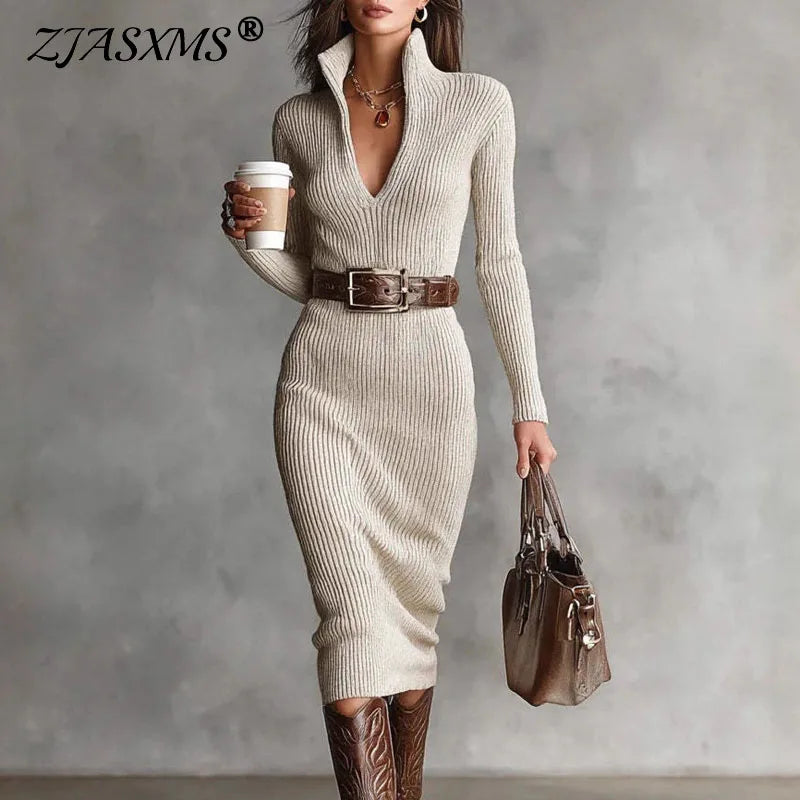 Fall Casual Solid Ribbed Knitted Dresses Woman Sexy Deep V Neck Hollow Slim Pullover Dress Winter Long Sleeve Warm Sweater Dress