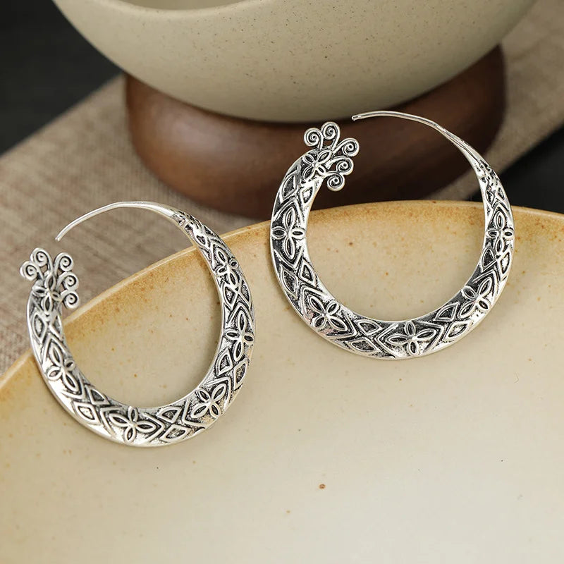 Crescent Hoop Earrings – Bohemian Style Retro Pattern – Copper | KIMLUD
