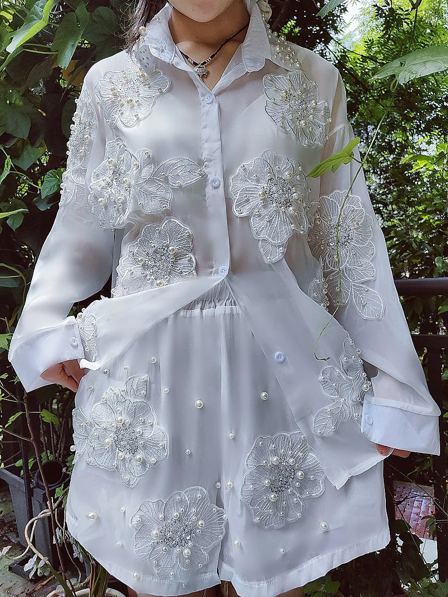 Two-Piece Set - Fairy 3D Flower Embroidery - Chiffon Silhouette | KIMLUD