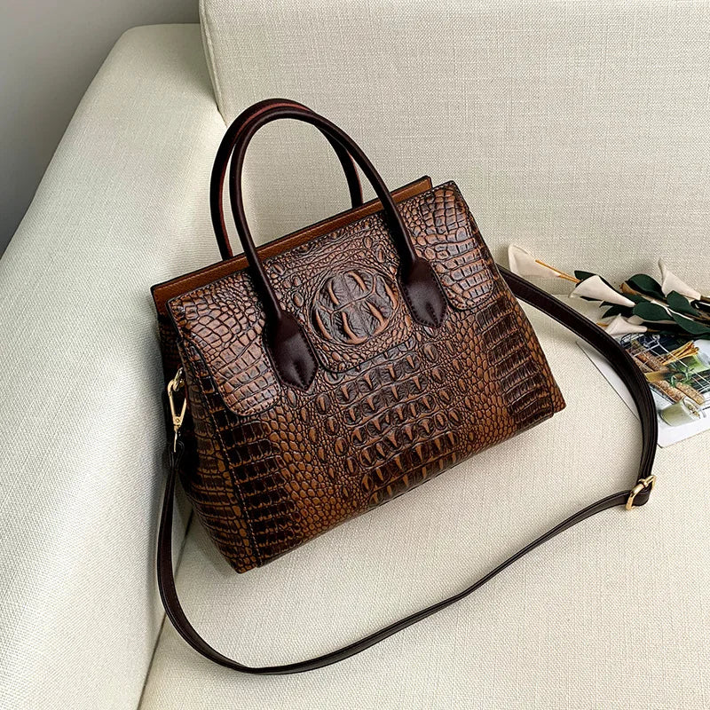 Genuine Leather Shoulder Bag Crocodile — Black | KIMLUD