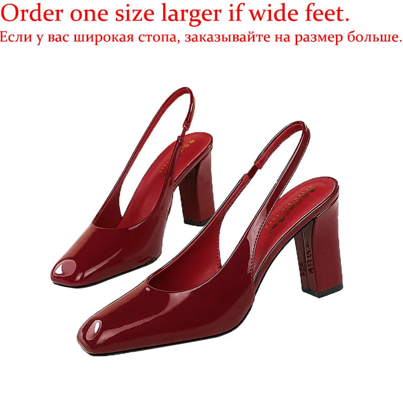 Patent Leather Block Heel Sandals — Wine Red | KIMLUD