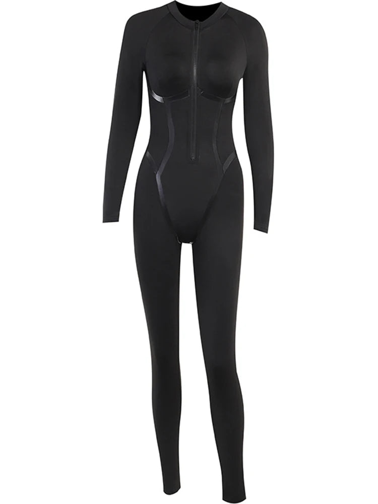 KIMLUD, OMSJ Sporty Body Shaping Full Sleeve One Piece Out Going Fashion Jumpsuits Panelled Round Collar Zip Slim Women's Casual Rompers, KIMLUD Womens Clothes