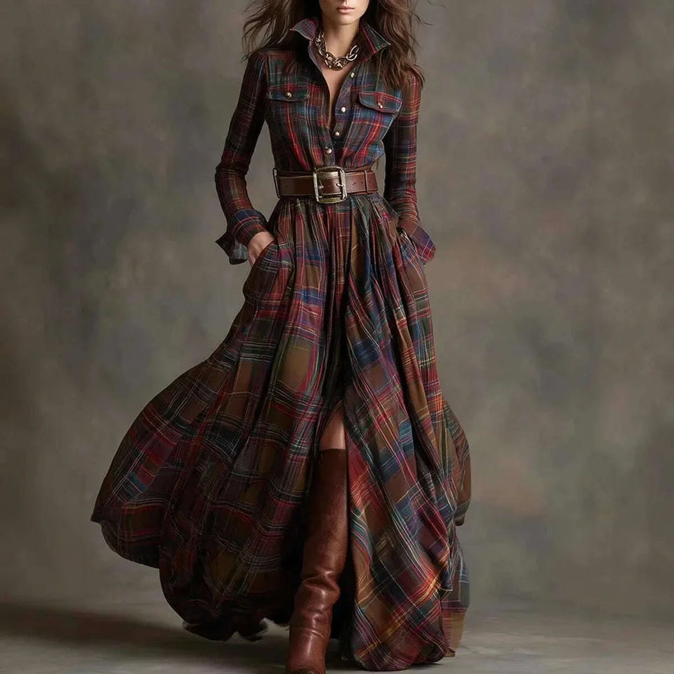 KIMLUD, Womens Shirt Maxi Dresses Autumn Casual Long Sleeve Plaid Print Dress with Lapel Collar Button Front Pocket Retro Long Dress, KIMLUD Womens Clothes