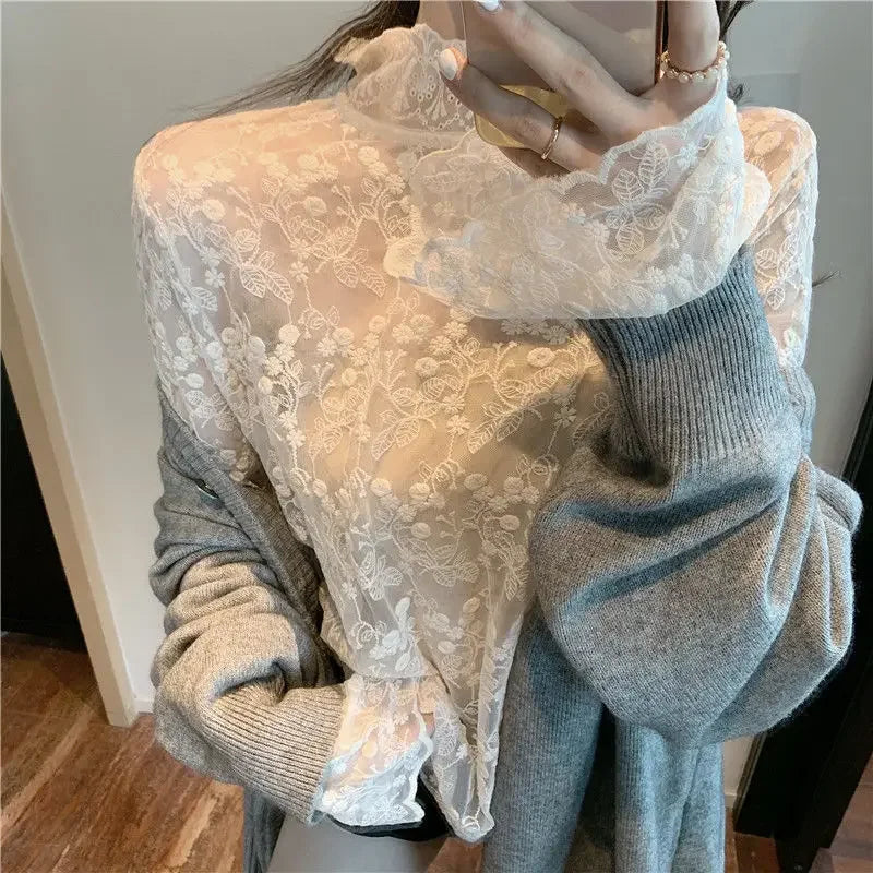 Blouse Women Lace Shirt Mesh Women's Lace-Collared Blouse Autumn and Winter Small Shirt Blusas Ropa De Mujer