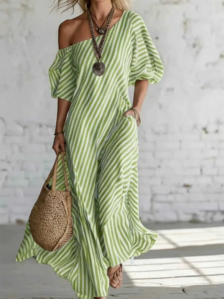 Single-Shoulder Bubble-Sleeve Dress Striped Print Loose-Fit — Black And White | KIMLUD