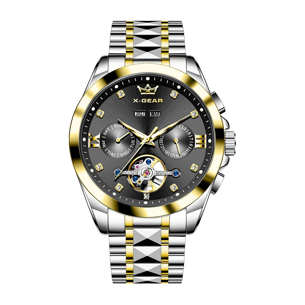 Men's Automatic Mechanical Watch with Tourbillon Waterproof Luminous Stainless Steel Strap Luxury Multi-Functional Timepiece