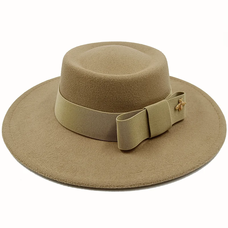 Wholesale Fedora hats Winter round concave convex surface flat top bow elastic ribbon men&#39;s and women&#39;s felt jazz hats Fedora - KIMLUD