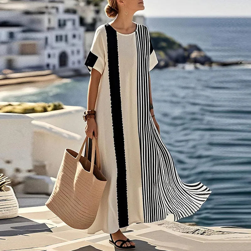 Spring Elegant Crew Neck Holiday Beach Dress Woman Chic Contrast Color Patchwork Long Dress Summer Short Sleeve Split Boho Dress