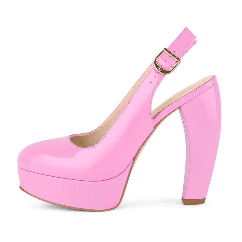Pumps - Platform Patent Leather Chunky Heel - Round Toe | KIMLUD